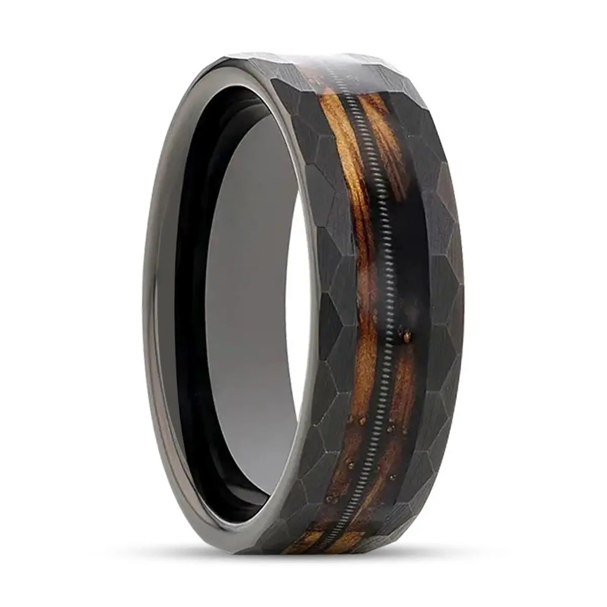 Riff | Tungsten Ring, Whiskey Barrel, Guitar String Inlay, Hammered Flat Edges 1