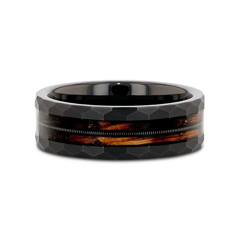 Riff | Tungsten Ring, Whiskey Barrel, Guitar String Inlay, Hammered Flat Edges 4