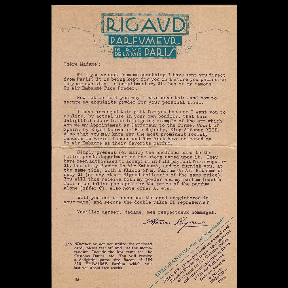 Parfums Rigaud - Document Publicitaire Pour Un Air Embaumé (Circa 1930) 1