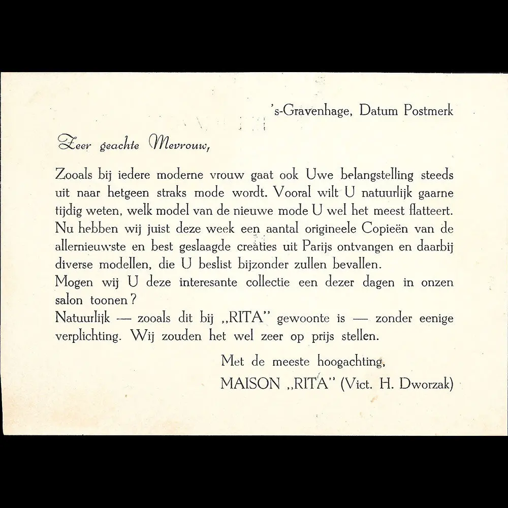 Rita Modèles - Invitation De La Maison De Chapeaux, Den Haag (1930S) 2