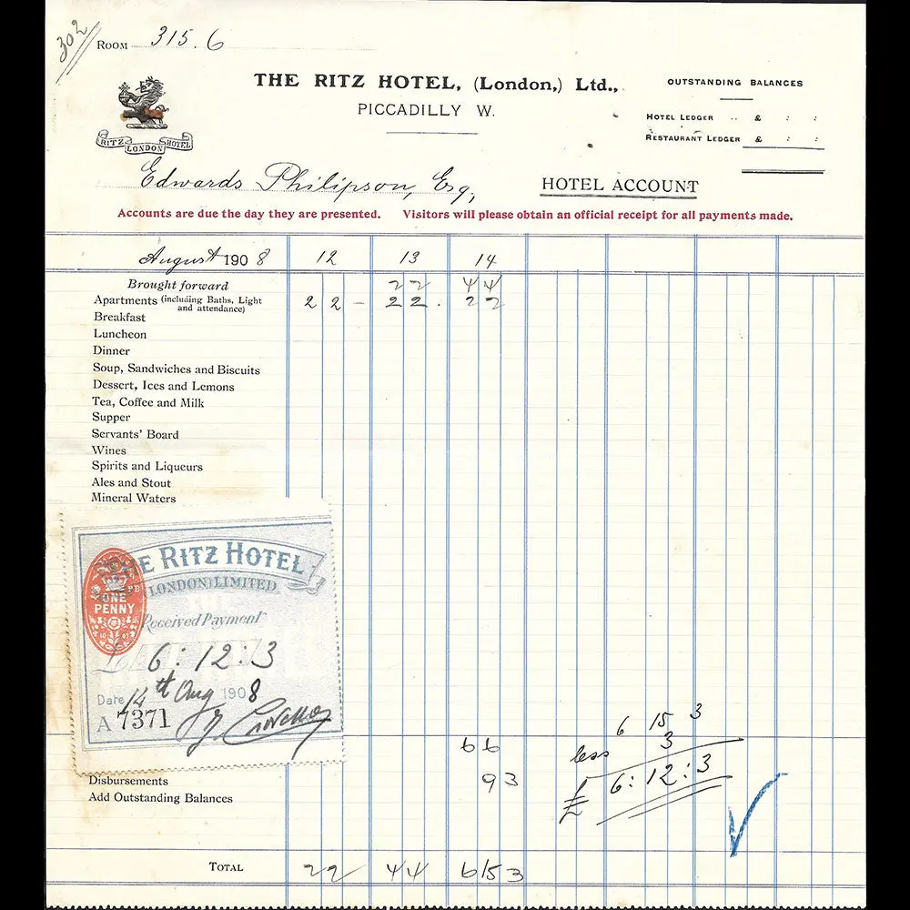 Ritz London - Facture De L'hotel, Piccadilly W. London (1908) 1