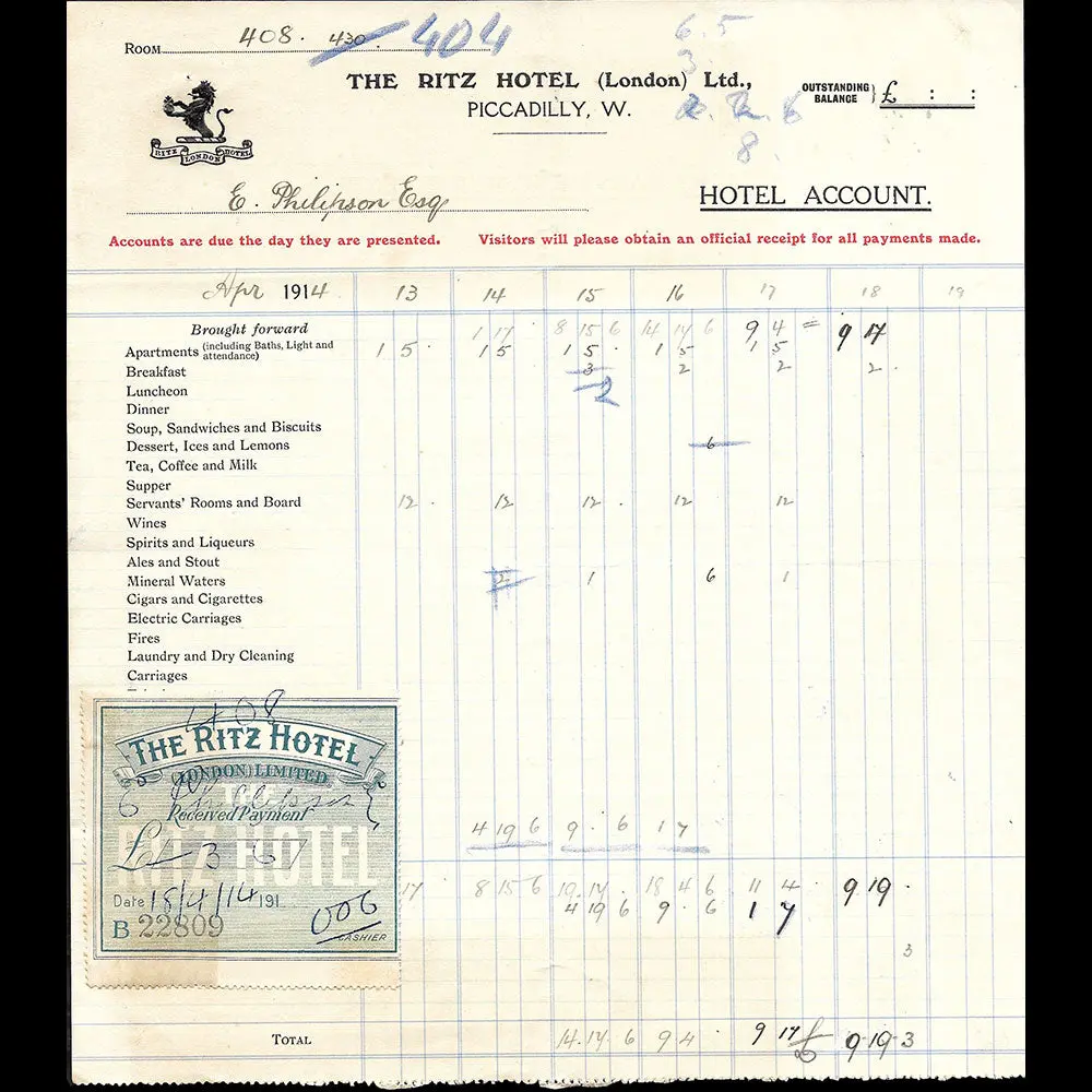 Ritz London - Facture De L'hotel, Piccadilly W. London (1914) 1