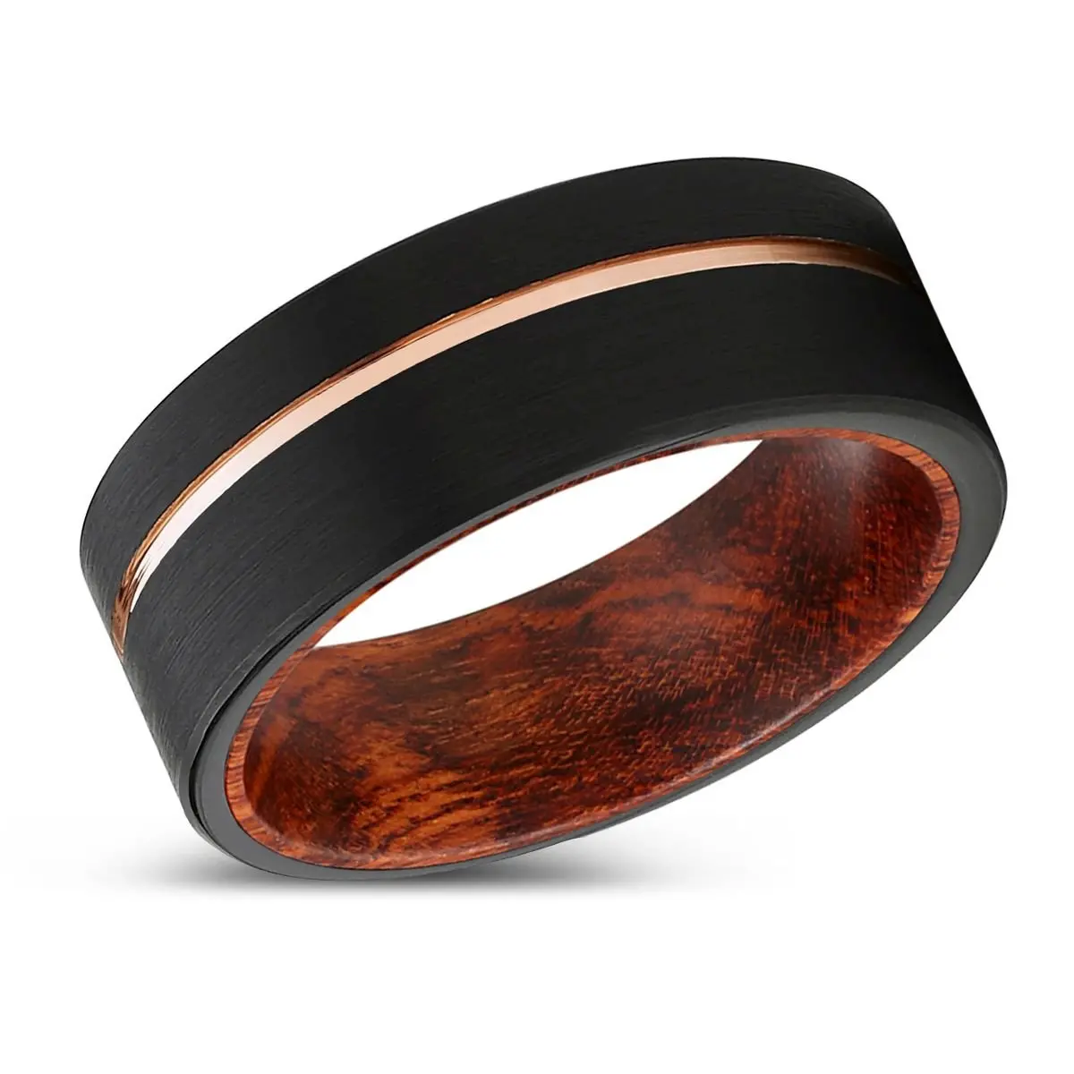 Roamer | Snake Wood, Black Tungsten Ring, Rose Gold Offset Groove, Brushed, Flat 2