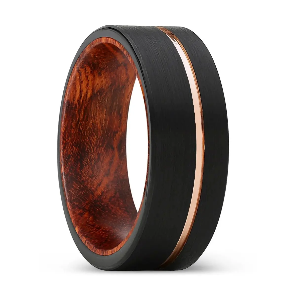 Roamer | Snake Wood, Black Tungsten Ring, Rose Gold Offset Groove, Brushed, Flat 1