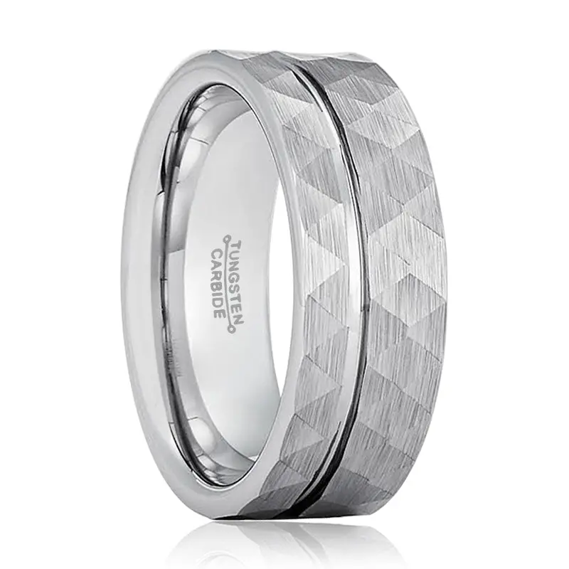 Rocco | Silver Tungsten Ring, Hammered, Off-Center Groove, Flat 1