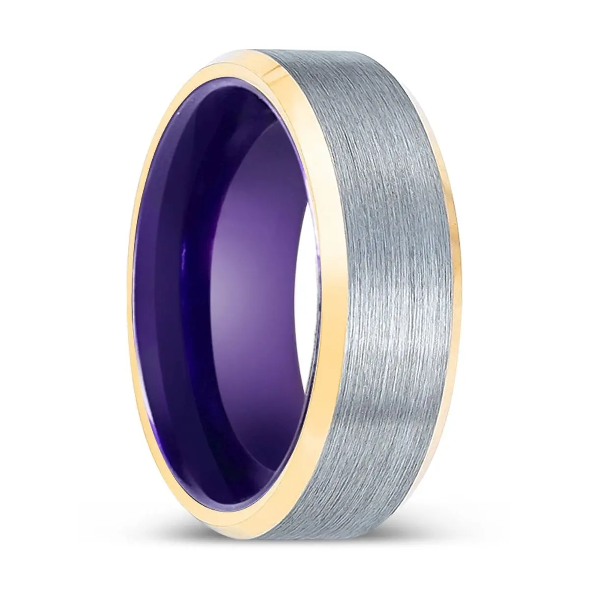 Rocker | Purple Ring, Brushed, Silver Tungsten Ring, Gold Beveled Edges 1