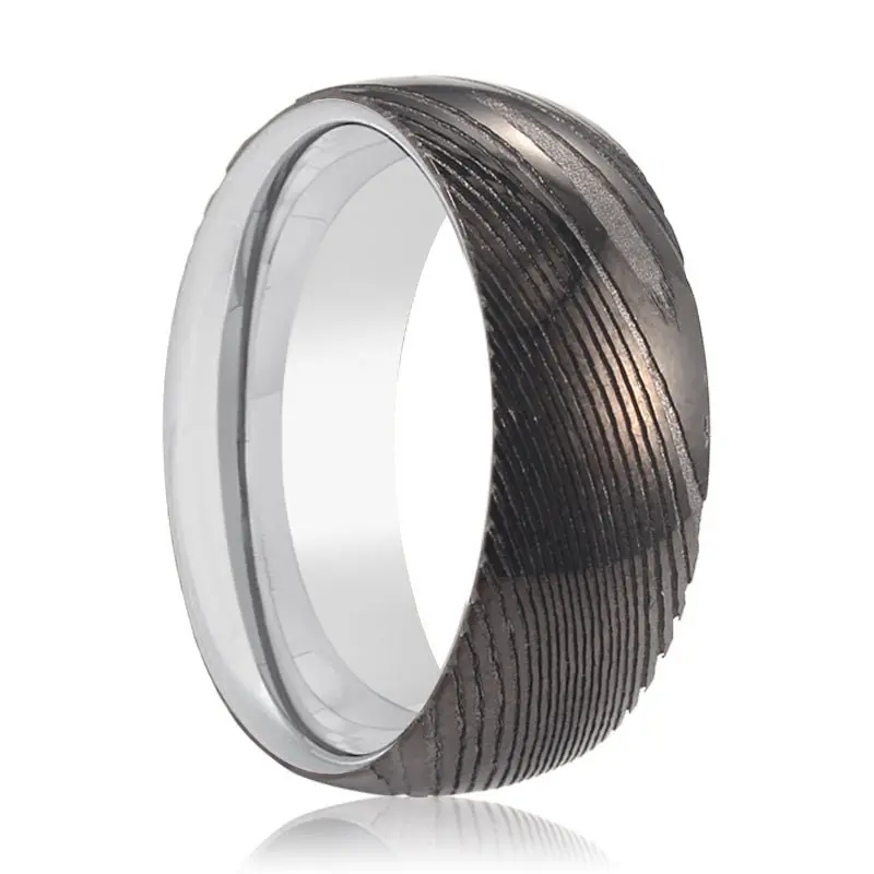 Rocket | Silver Ring, Gunmetal Damascus Steel Ring, Domed 1