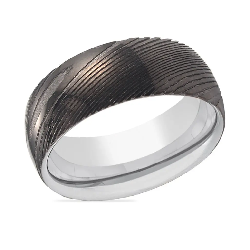 Rocket | Silver Ring, Gunmetal Damascus Steel Ring, Domed 2