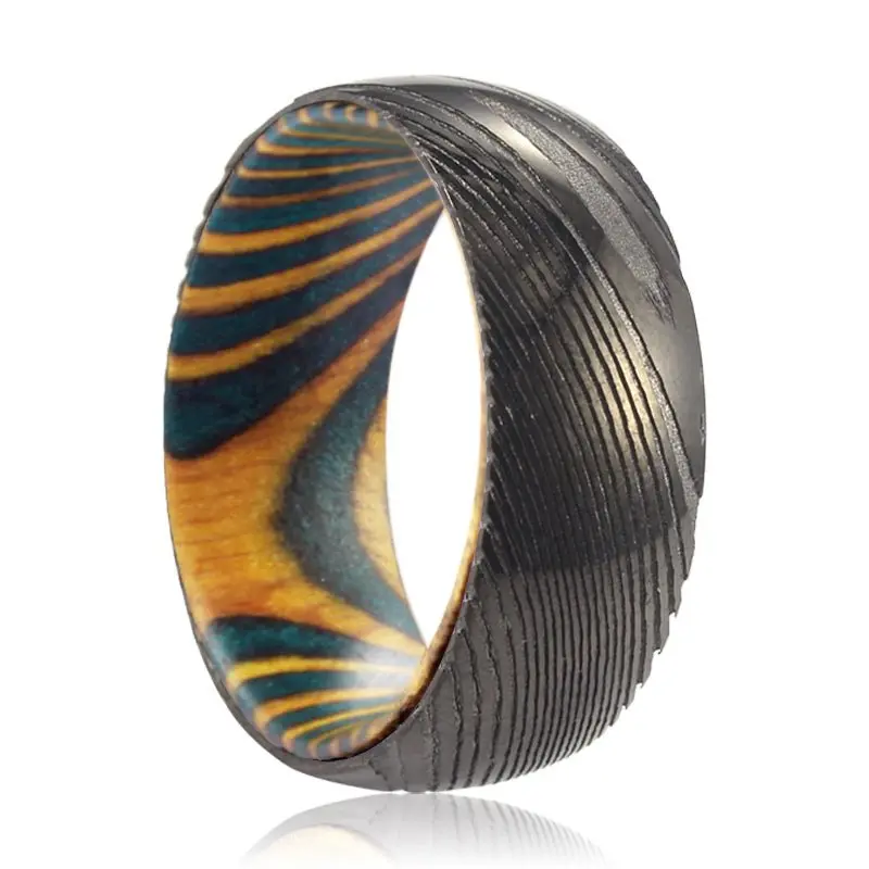 Rockler | Green & Yellow Wood, Gunmetal Damascus Steel Ring, Domed 1