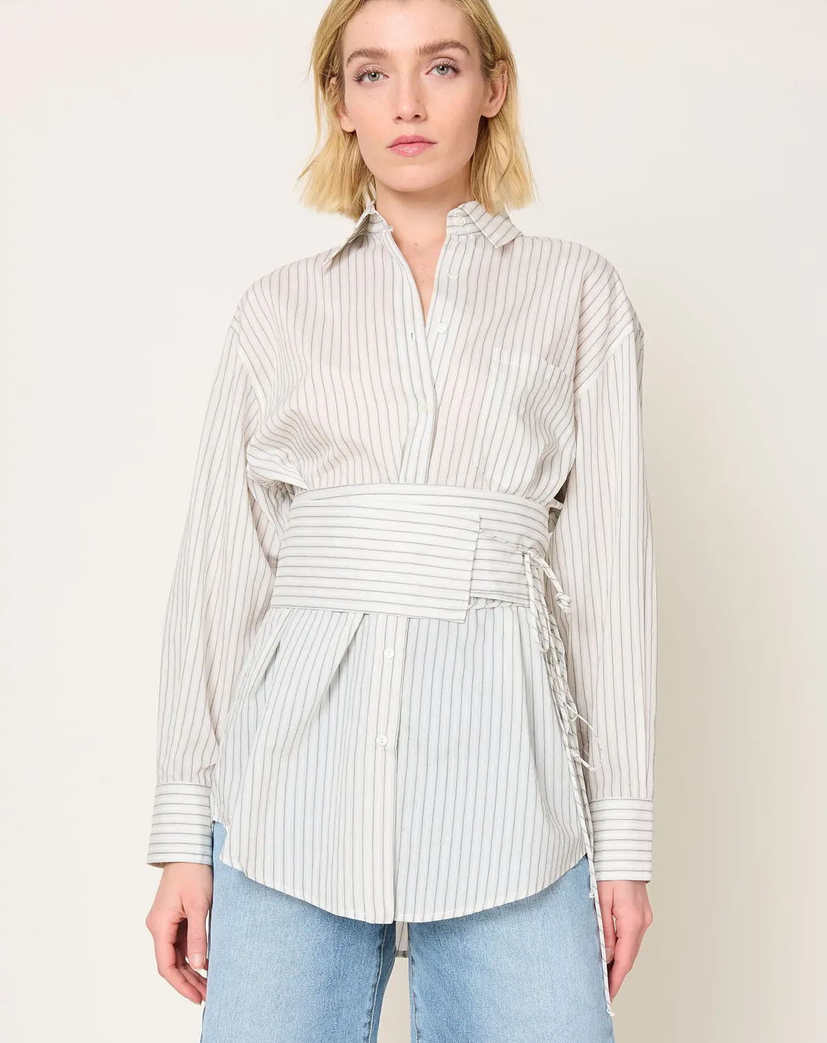 Silk Stripe Belted Shirt 1