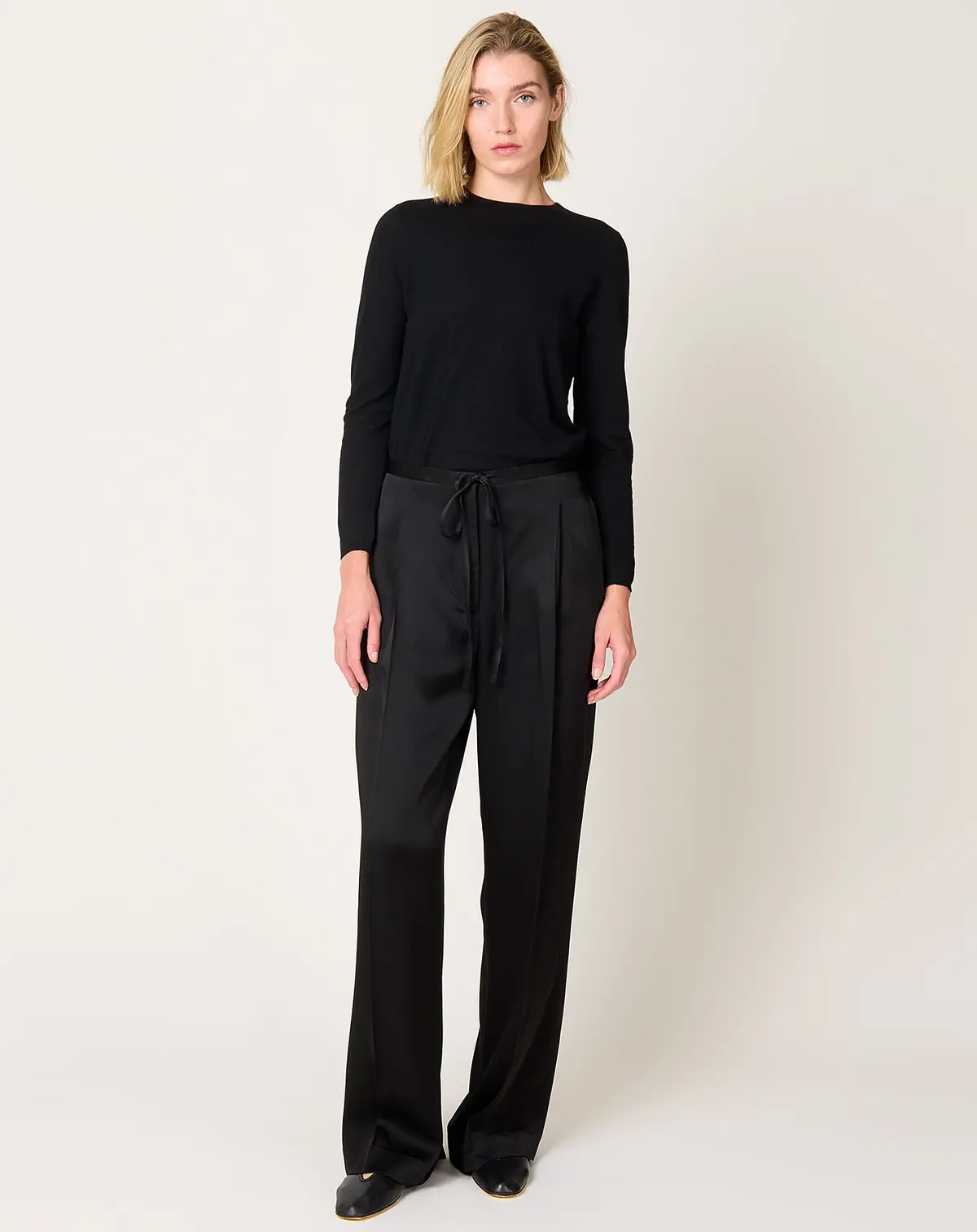 Relaxed Drawstring Satin Trousers In Black 1