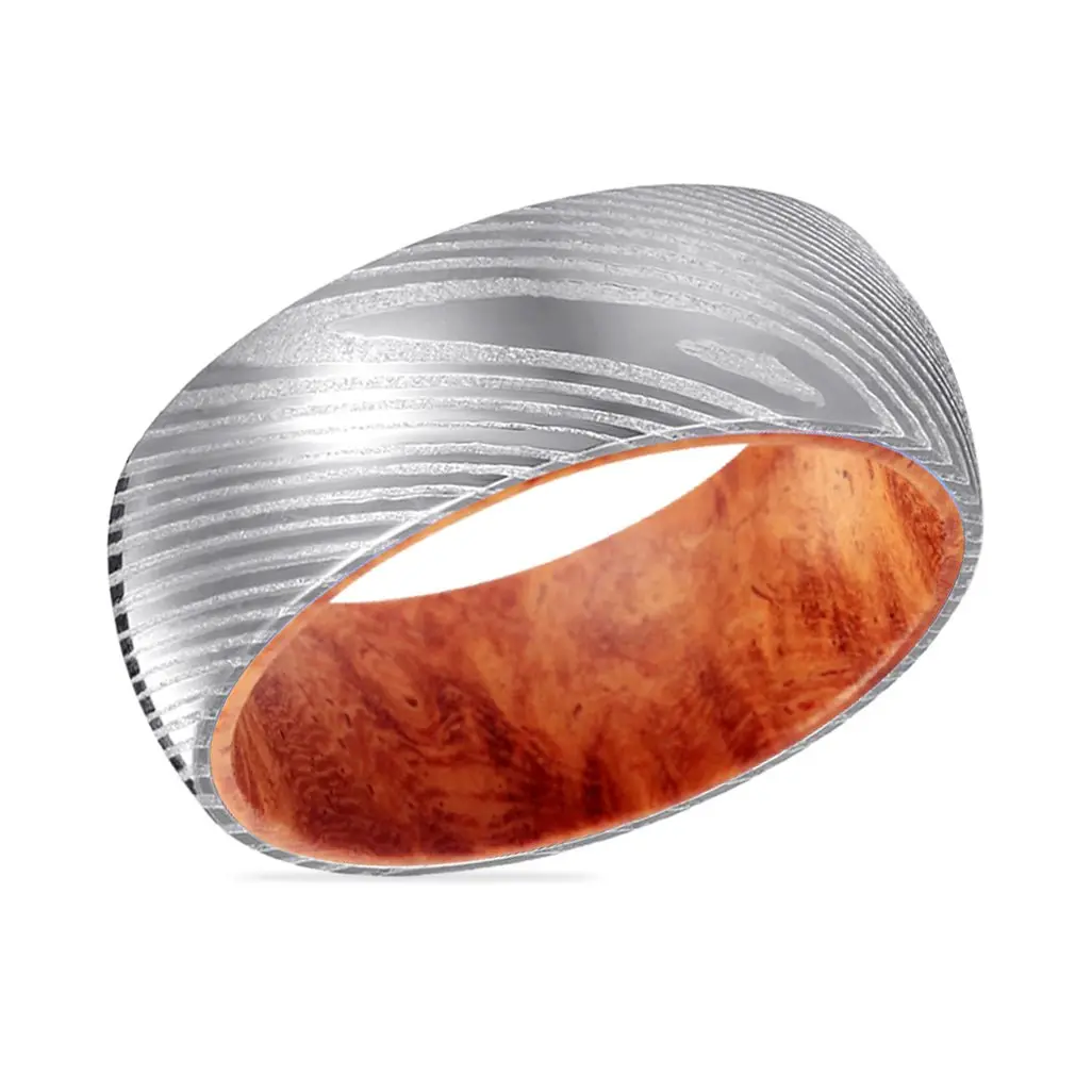 Rojo | Red Burl Wood, Silver Damascus Steel, Domed 2