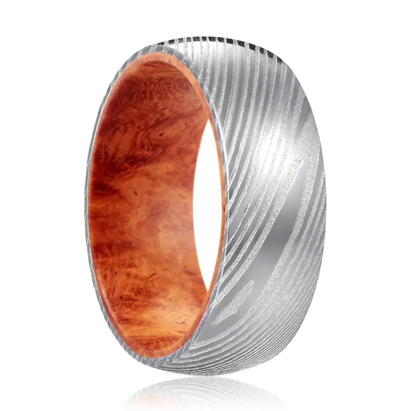 Rojo | Red Burl Wood, Silver Damascus Steel, Domed 1