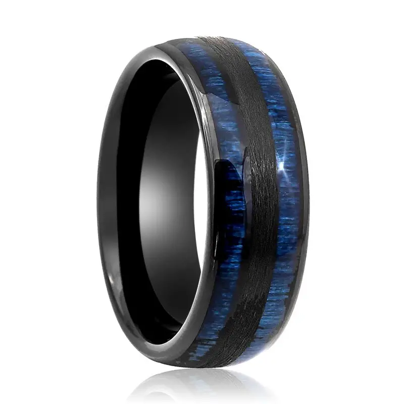 Romeo | Black Tungsten Ring, Blue Wood Inlay, Domed 1