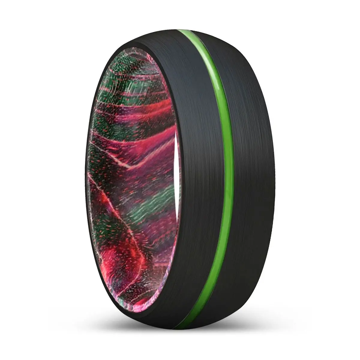 Romulus | Green & Red Wood, Black Tungsten Ring, Green Groove, Domed 1
