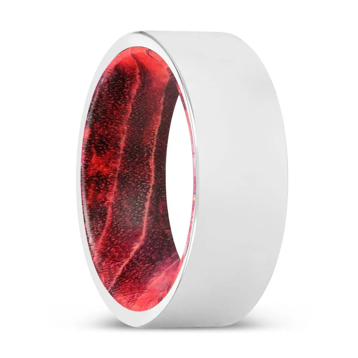 Ronald | Black & Red Wood, Silver Tungsten Ring, Shiny, Flat 1