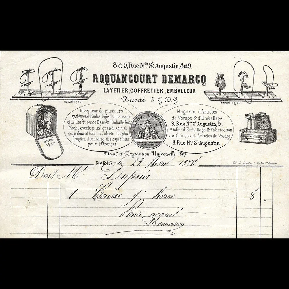 Roquancourt Demarcq - Facture Du Layetier, Coffretier, Emballeur, 8 Et 9 Rue Saint-Augustin À Paris (1878) 1