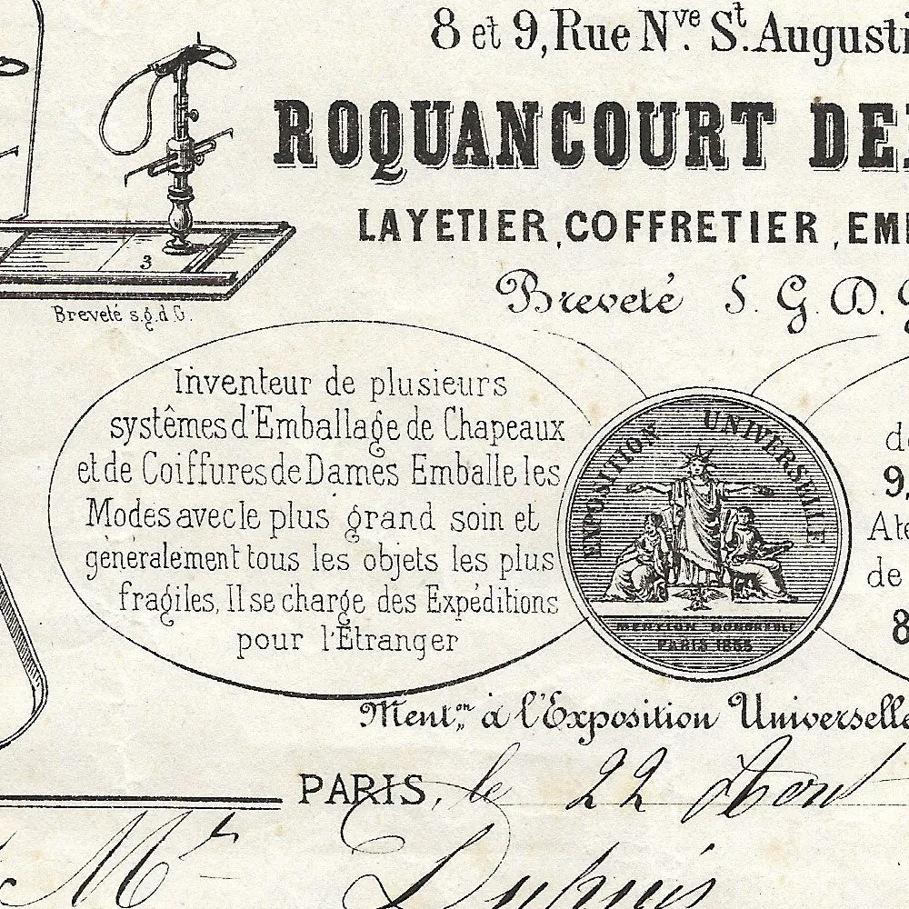 Roquancourt Demarcq - Facture Du Layetier, Coffretier, Emballeur, 8 Et 9 Rue Saint-Augustin À Paris (1878) 2