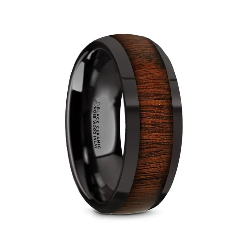 Rosae | Black Ceramic Ring, Rose Wood Inlay, Domed 2