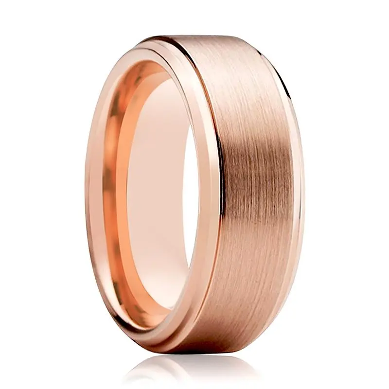 Rose Gold Couple Matching Wedding Band Brushed Finish & Beveled Edges 1