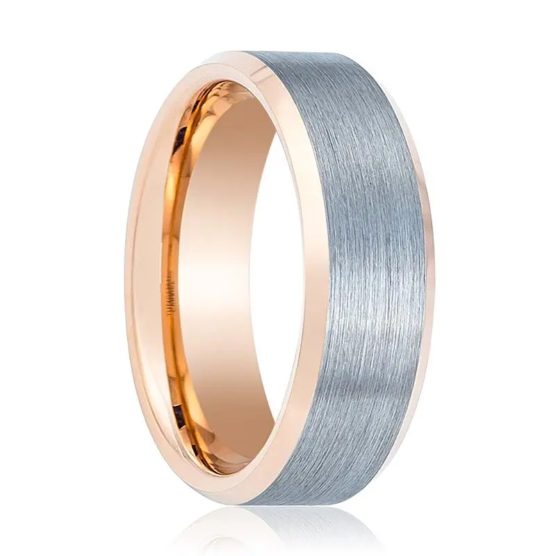 Kingray | Rose Gold Tungsten Ring, Silver Brushed, Beveled 1