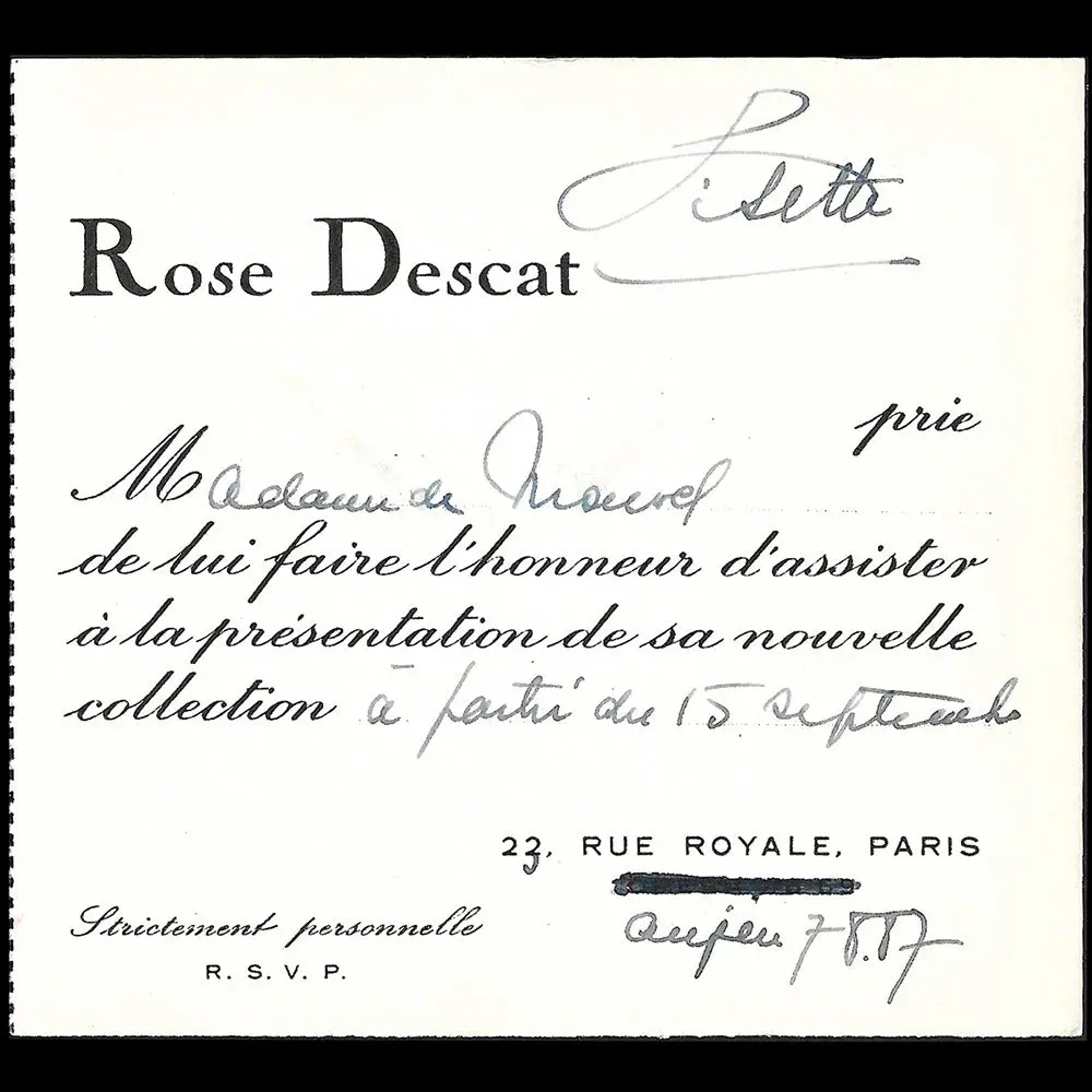 Rose Descat - Carte De La Maison De Chapeaux, 23 Rue Royale À Paris (1950S) 1