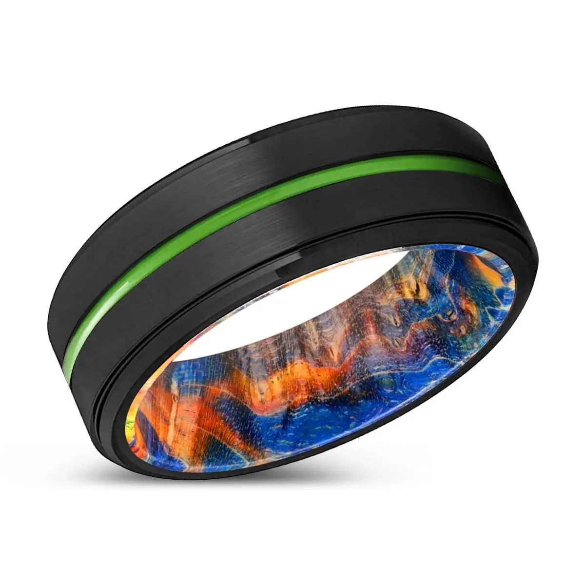 Roseville | Blue & Yellow/Orange Wood, Black Tungsten Ring, Green Groove, Stepped Edge 2