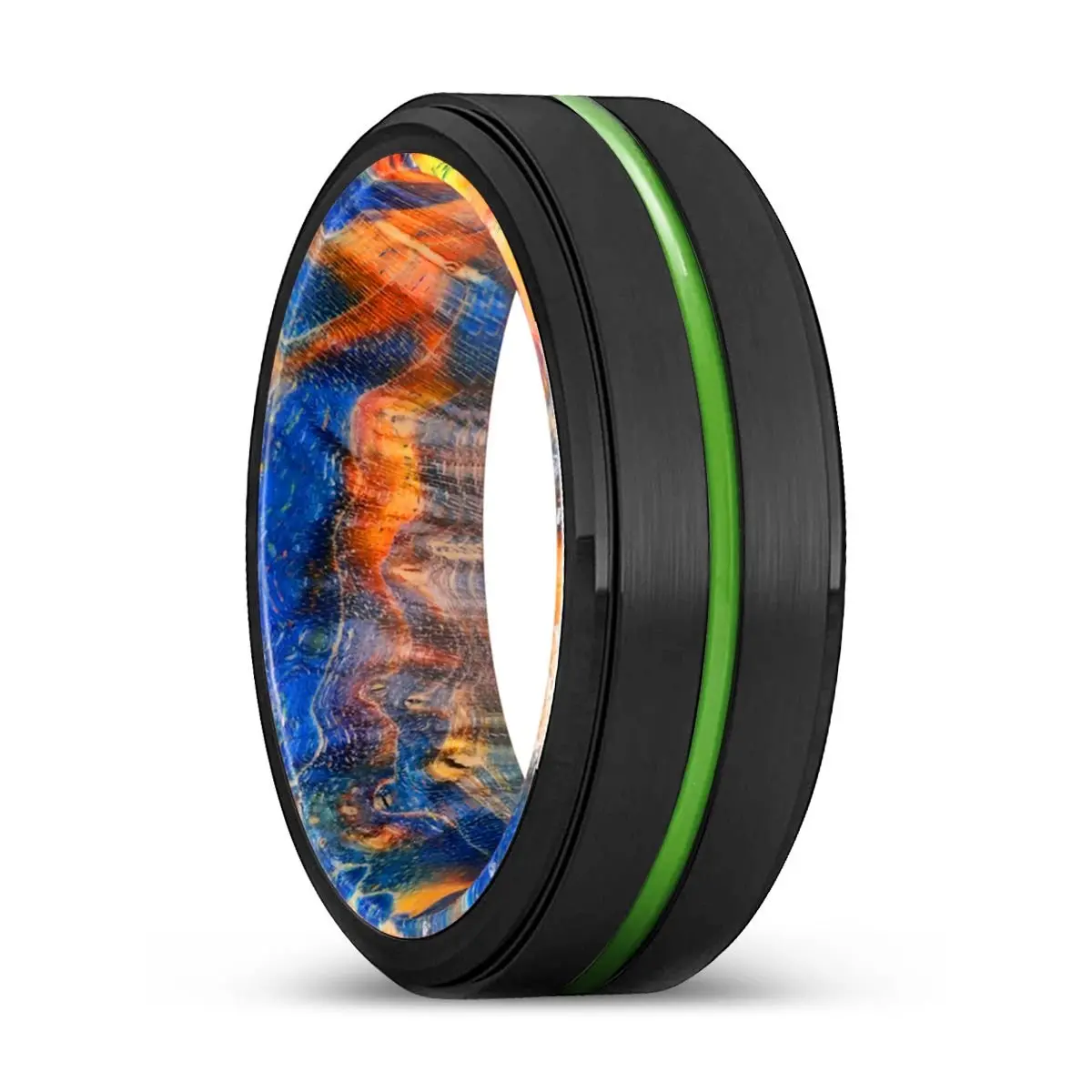 Roseville | Blue & Yellow/Orange Wood, Black Tungsten Ring, Green Groove, Stepped Edge 1