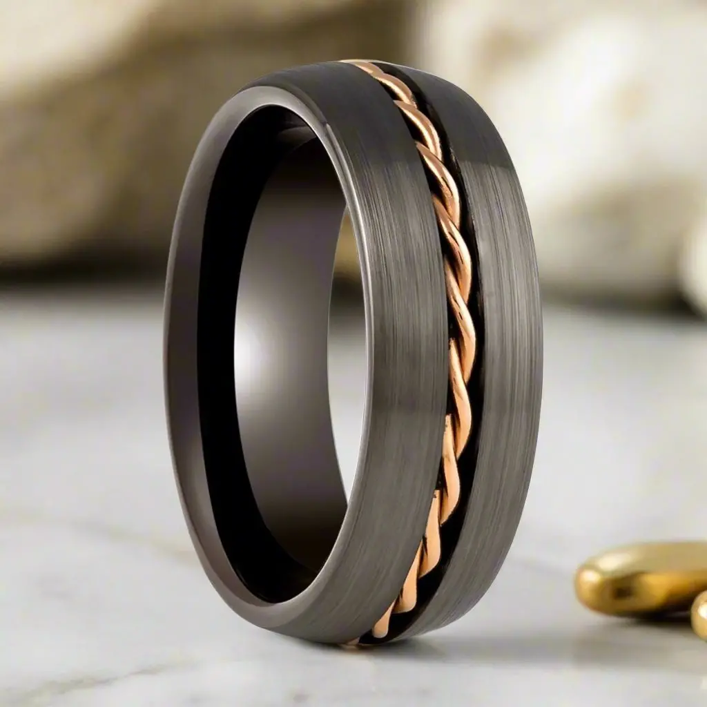 Rosium | Gunmetal Tungsten Ring, Rose Gold Rope Inlay, Domed 1