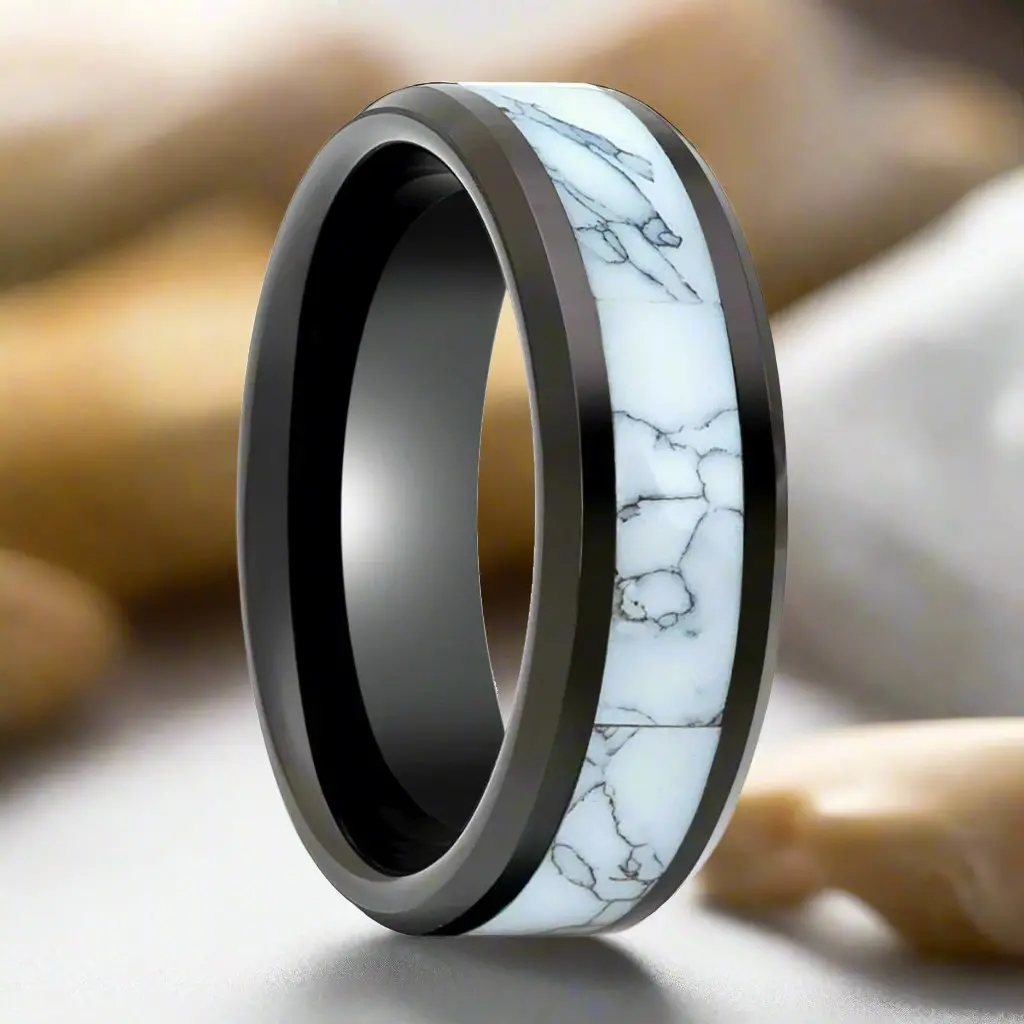 Rossiter | Black Tungsten Ring White Turquoise Inlay 1
