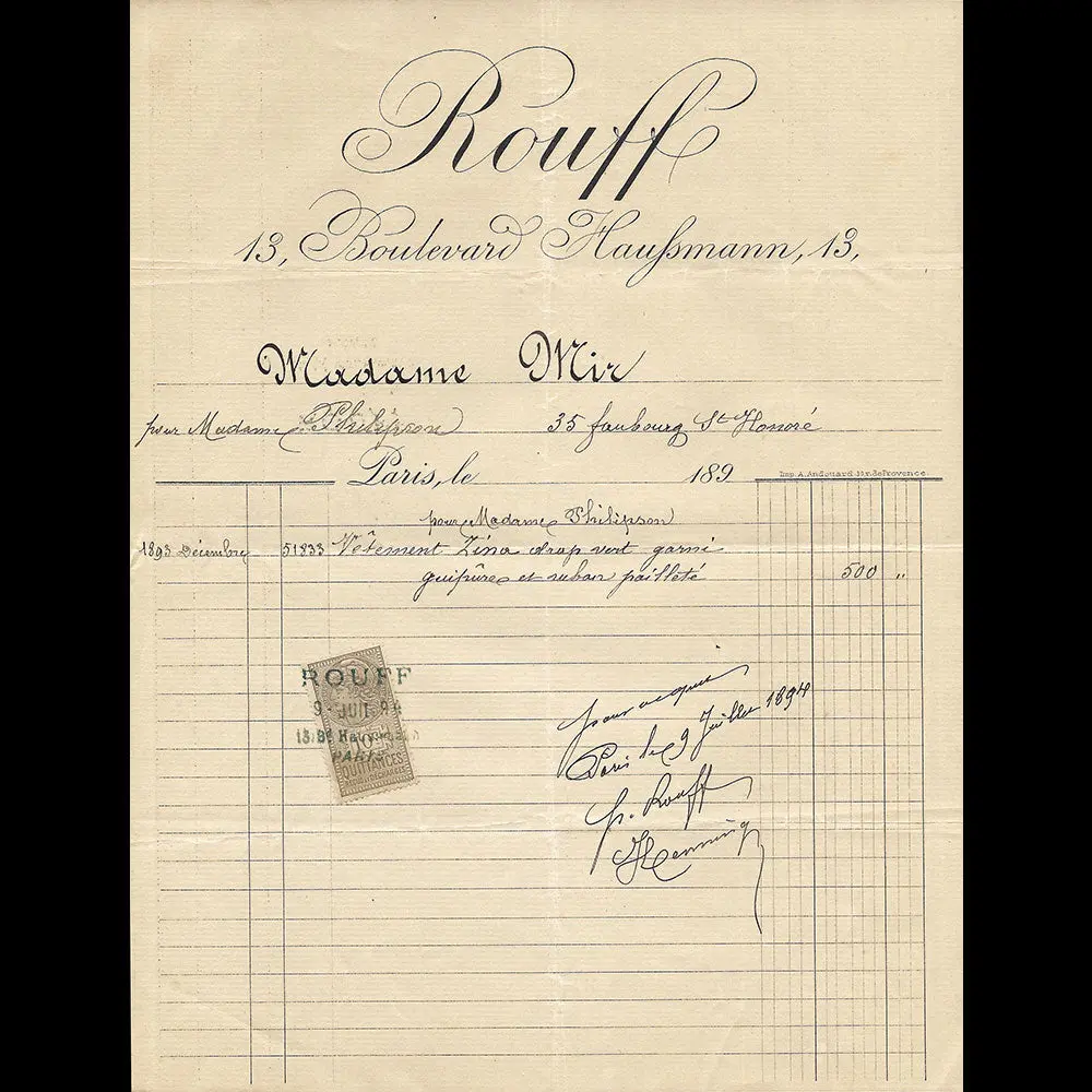Rouff - Facture De La Maison De Lingerie, 13 Boulevard Haussmann À Paris (1894) 1