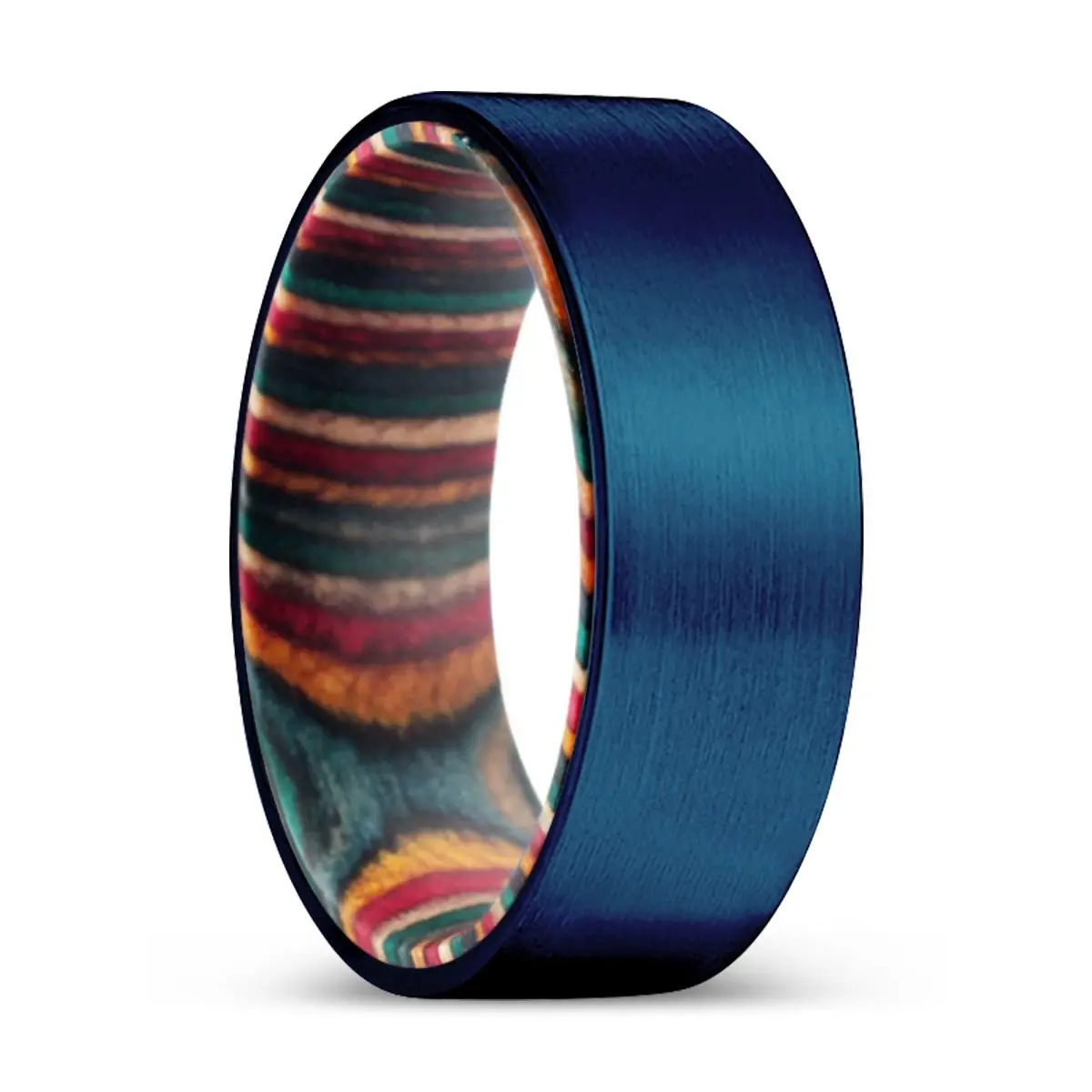 Rouge | Multi Color Wood, Blue Tungsten Ring, Brushed, Flat 1
