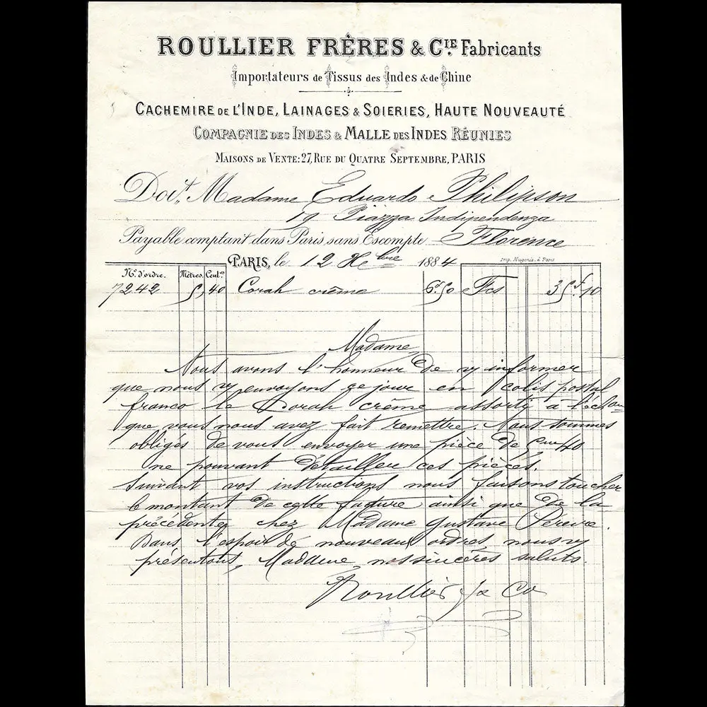 Roullier Frères - Facture Du Magasin De Tissus Des Indes Et De La Chine, 27 Rue Du Quatre Septembre À Paris (1884) 1