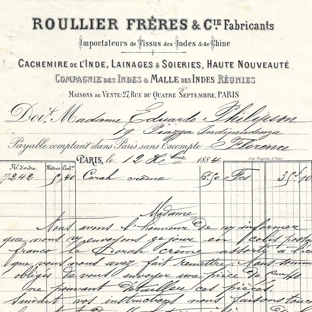 Roullier Frères - Facture Du Magasin De Tissus Des Indes Et De La Chine, 27 Rue Du Quatre Septembre À Paris (1884) 2
