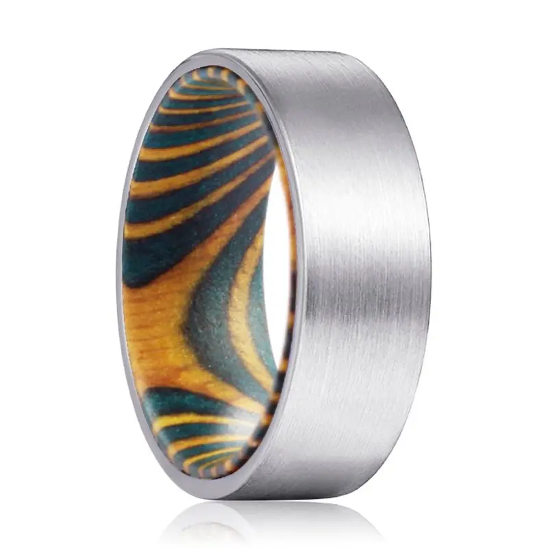 Royal | Green & Yellow Wood, Silver Tungsten Ring, Brushed, Flat 1