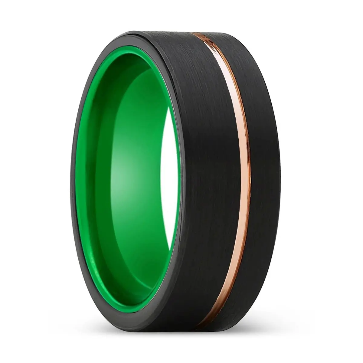 Royalty | Green Ring, Black Tungsten Ring, Rose Gold Offset Groove, Brushed, Flat 1