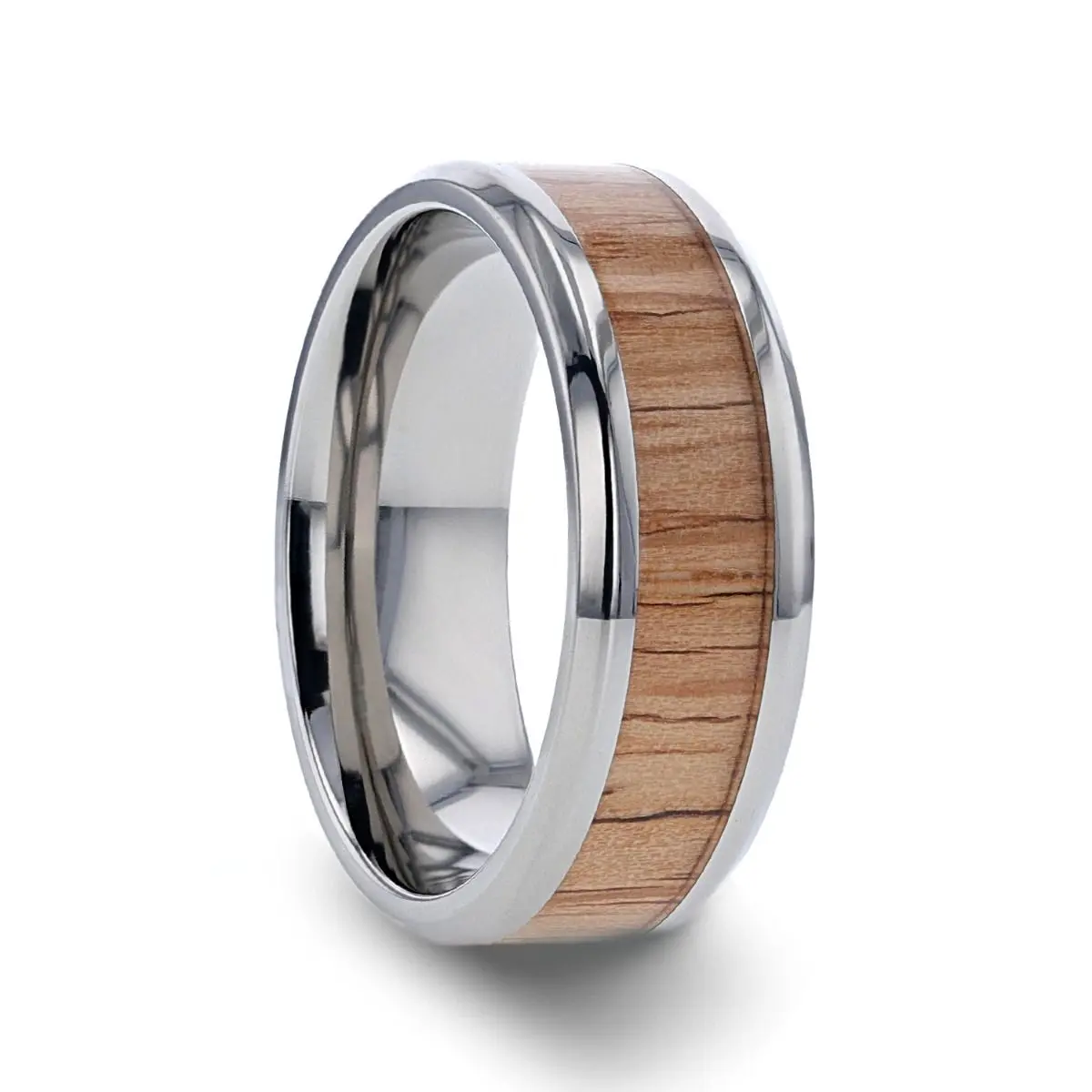 Rubra | Silver Titanium Ring, Red Oak Wood Inlay, Beveled 1