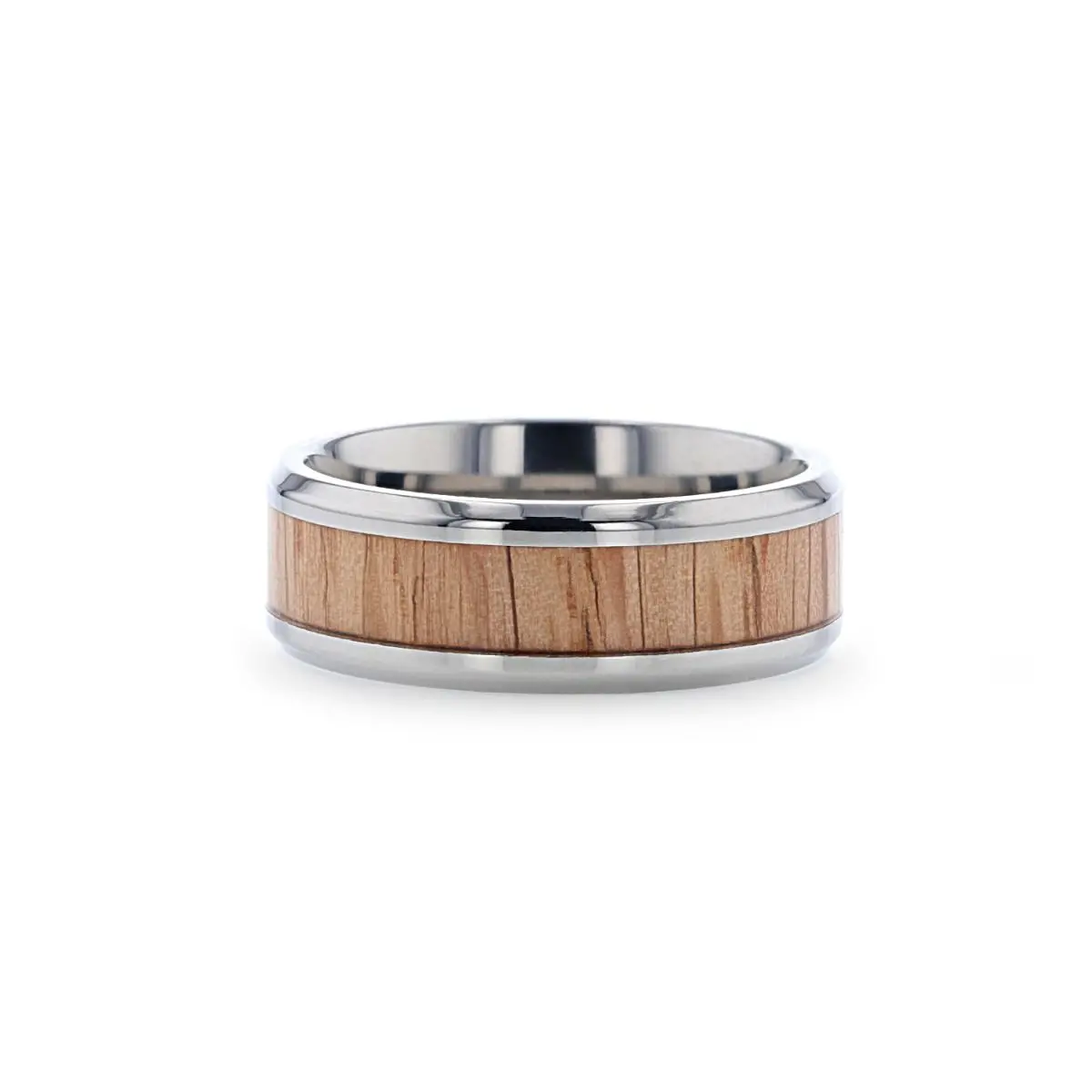 Rubra | Silver Titanium Ring, Red Oak Wood Inlay, Beveled 2