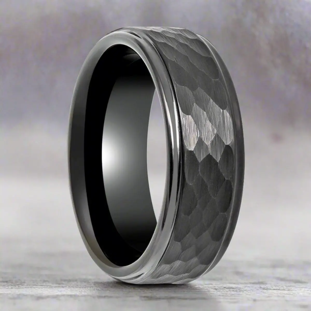 Rugged | Gunmetal Tungsten Ring, Hammered, Stepped Edges 1