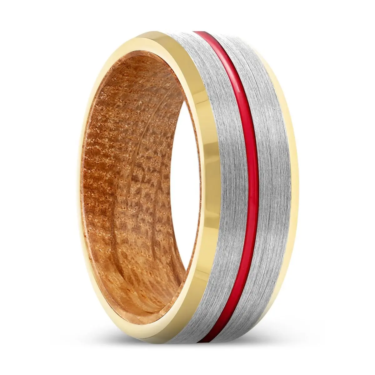 Rumble | Whiskey Barrel Wood, Silver Tungsten Ring, Red Groove, Gold Beveled Edge 1