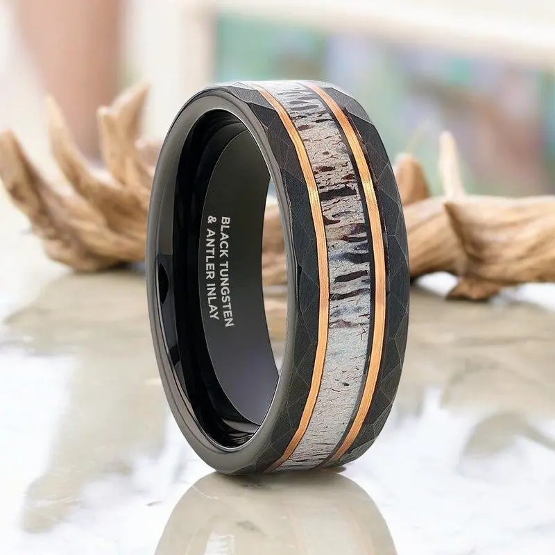 Rustic | Black Tungsten Ring, Deer Antler Inlay And Hammered Edges 1