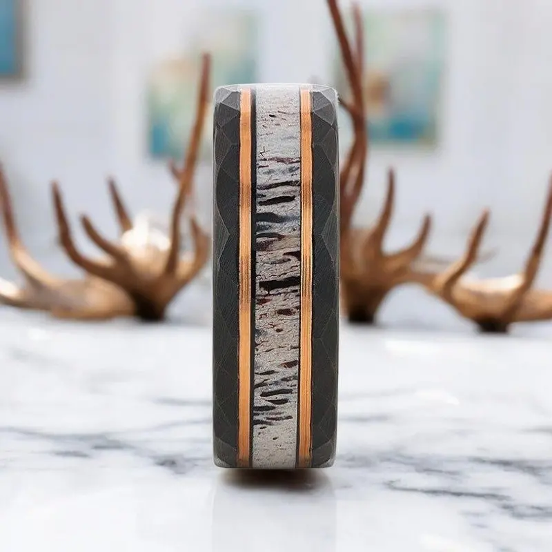 Rustic | Black Tungsten Ring, Deer Antler Inlay And Hammered Edges 3