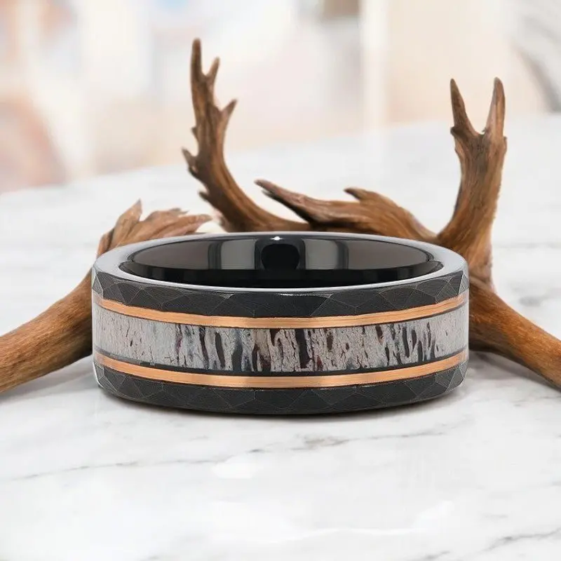 Rustic | Black Tungsten Ring, Deer Antler Inlay And Hammered Edges 4