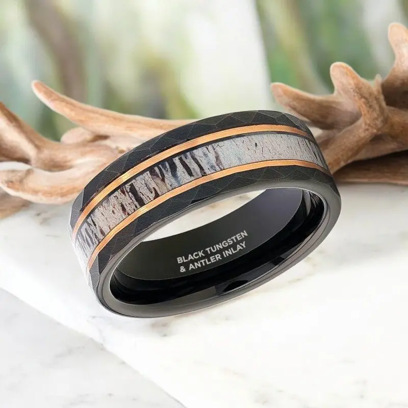 Rustic | Black Tungsten Ring, Deer Antler Inlay And Hammered Edges 2