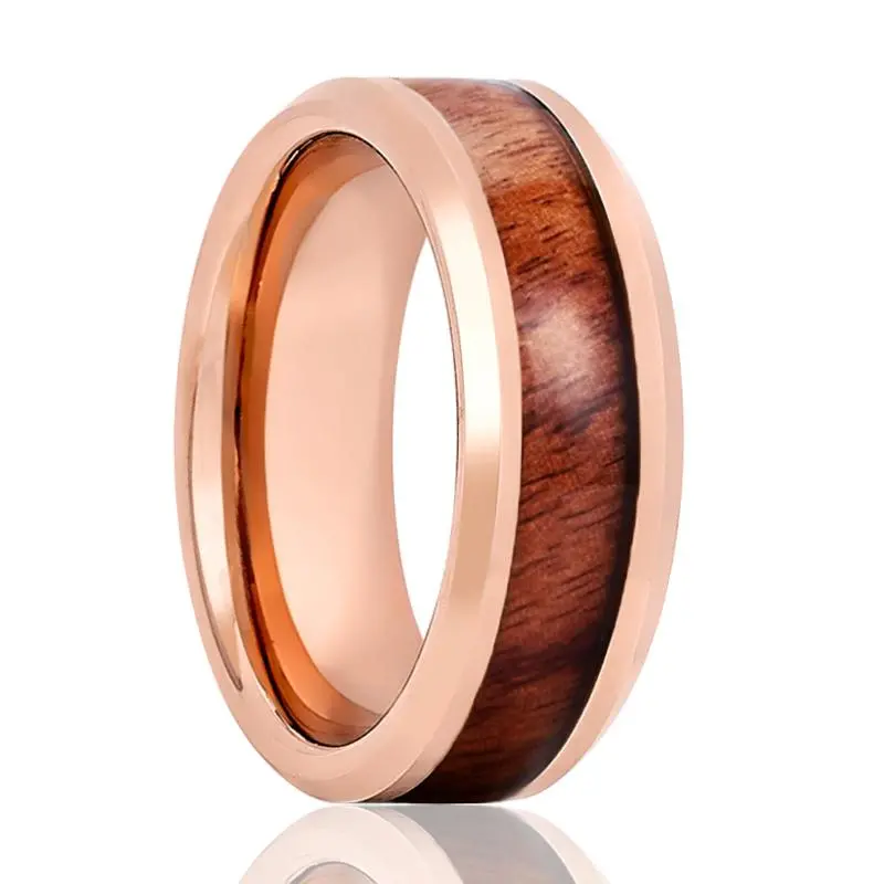 Rustic | Rose Gold Tungsten Ring, Koa Wood Inlay, Beveled 1