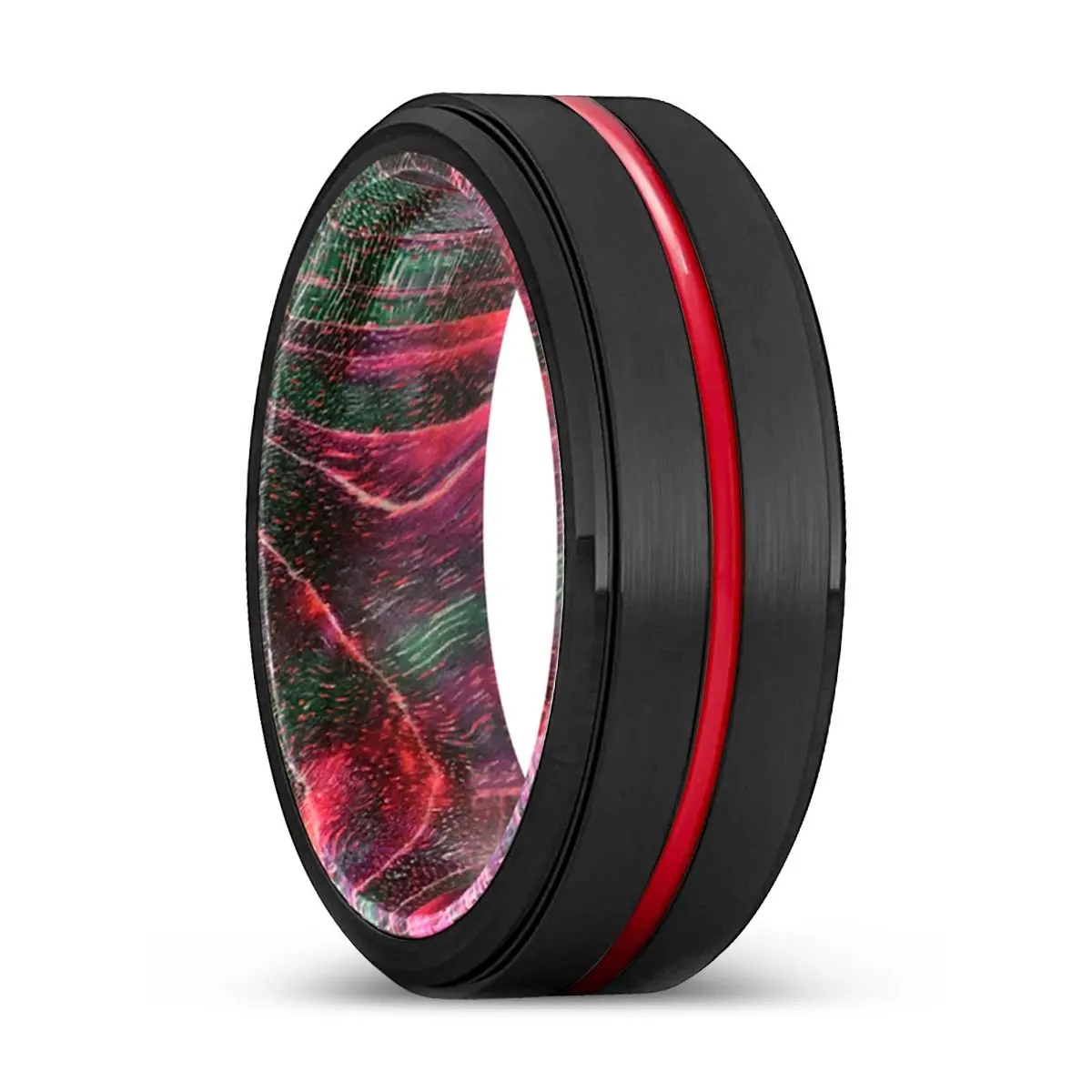 Rusty | Green & Red Wood, Black Tungsten Ring, Red Groove, Stepped Edge 1