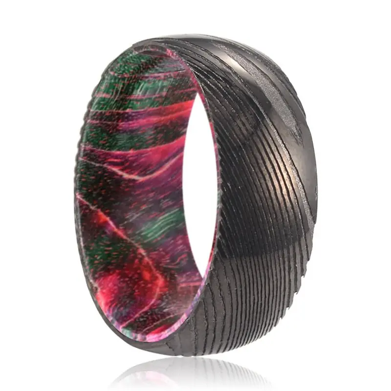 Rutland | Green & Red Wood, Gunmetal Damascus Steel Ring, Domed 1