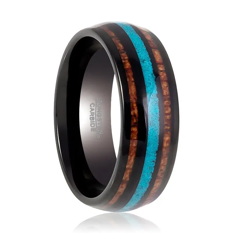 Ryker | Black Tungsten Ring, Koa Wood & Turquoise Inlay, Domed 1