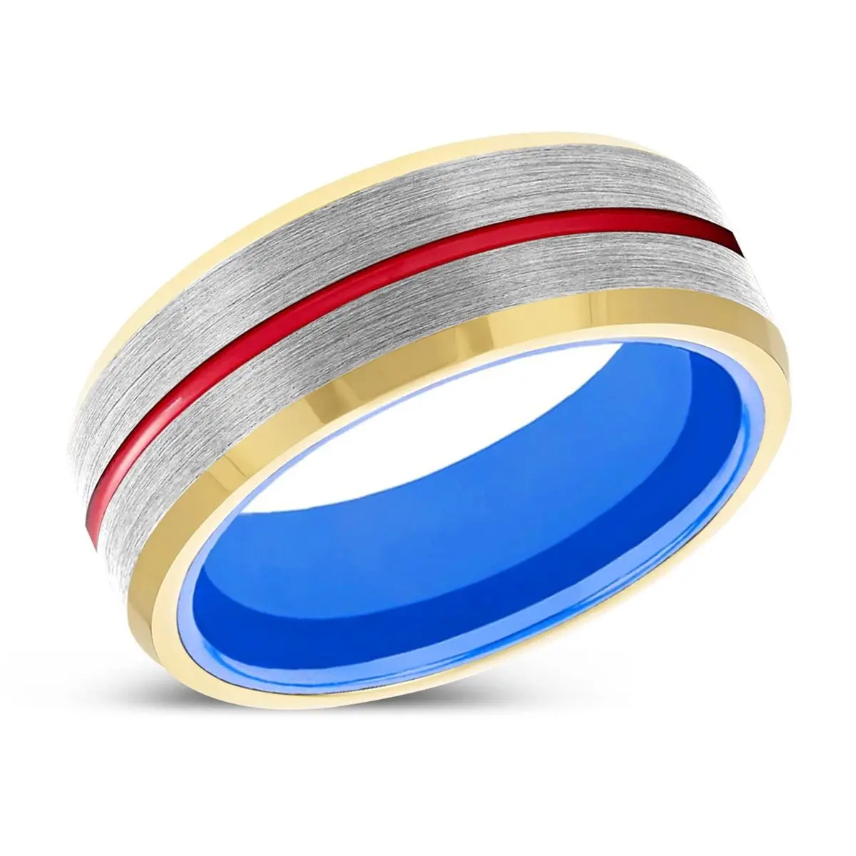 Saber | Blue Ring, Silver Tungsten Ring, Red Groove, Gold Beveled Edge 2
