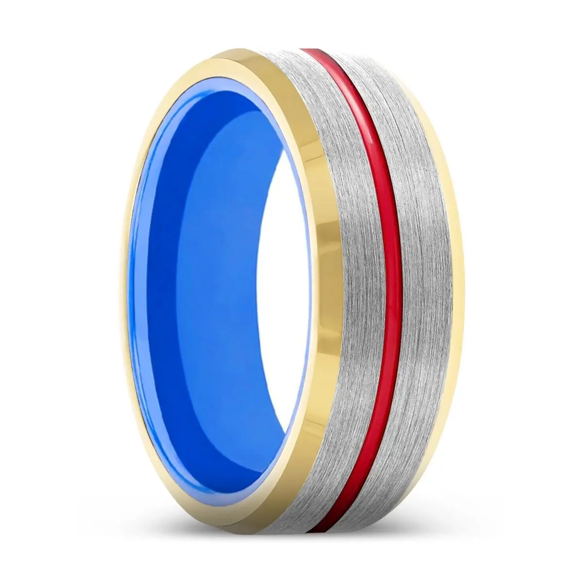 Saber | Blue Ring, Silver Tungsten Ring, Red Groove, Gold Beveled Edge 1